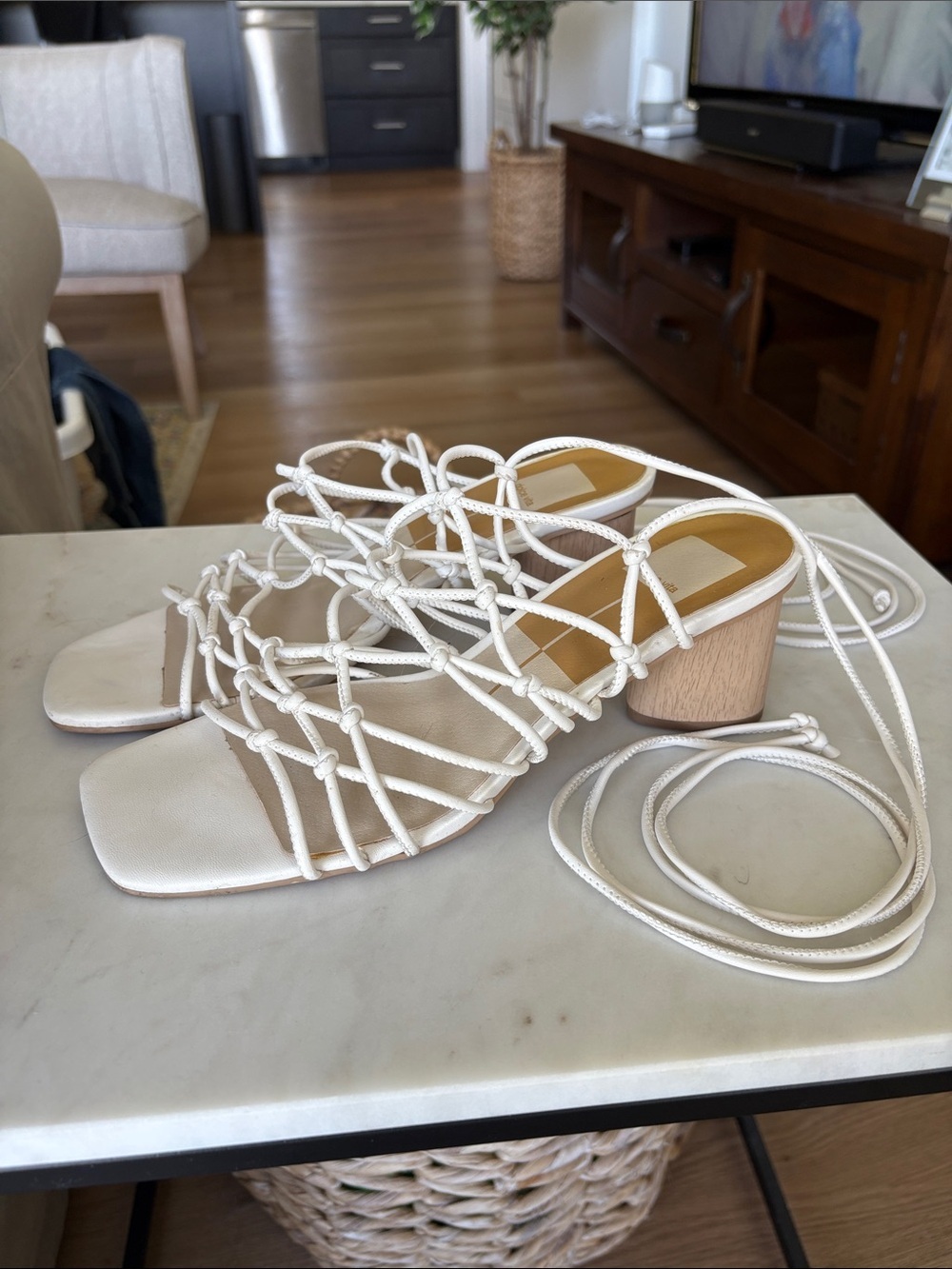 Dolce Vita White Lace-Up Braided Block Heel Sandals